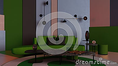 Colorful living room, lounge with green sofa, coffee table and decors, plaster colored panels, round carpet, wall lamps, Stock Photo