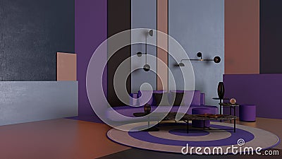 Colorful living room, lounge with violet sofa, coffee table and decors, plaster colored panels, round carpet, wall lamps, Stock Photo