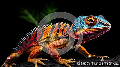 Colorful Lizard On Black Background: Vibrant Colors In Junglepunk Style Stock Photo