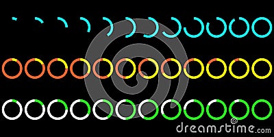 Colorful loading icons. Progress circle set. Various colors shown. Vector design. Vector Illustration
