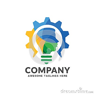 Colorful logo combining bulb, gear with a human head design Vector Illustration