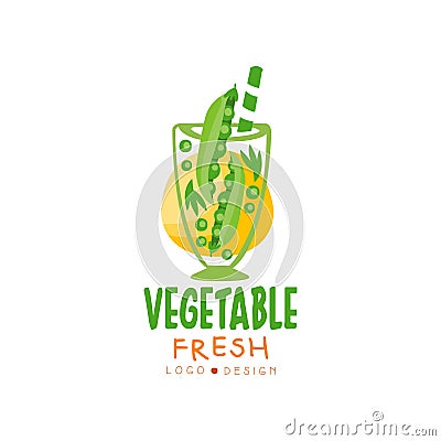 Colorful vector logo with organic drink from green pea. Glass of natural juice. Tasty beverage from fresh vegetable Vector Illustration