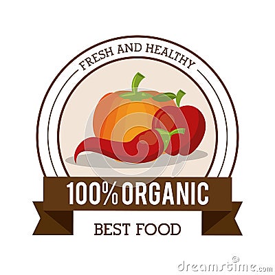Colorful logo of fresh and healthy organic food with chilli pumpkin and apple Vector Illustration