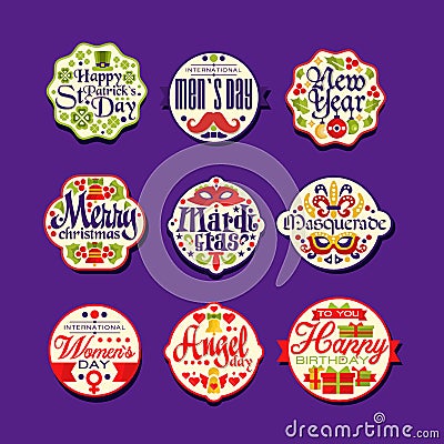 Colorful logo or label set for holiday retro design, festive stickers with greetings. Merry Christmas, New Year Vector Illustration