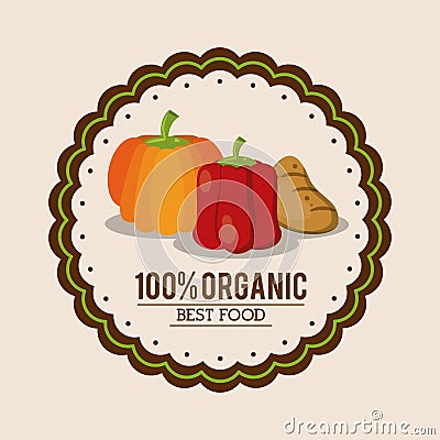 Colorful logo of organic best food with peppers pumpkin and potato Vector Illustration