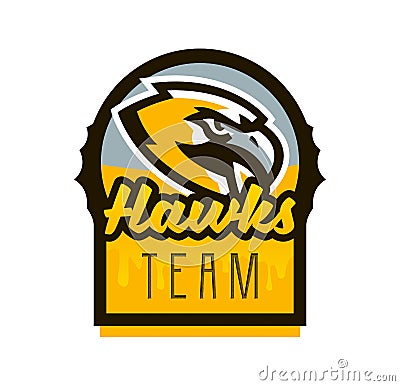 Colorful logo, sticker, emblem of a hawk. Flying bird, hunter, predator, dangerous animal, shield, lettering. Mascot Vector Illustration