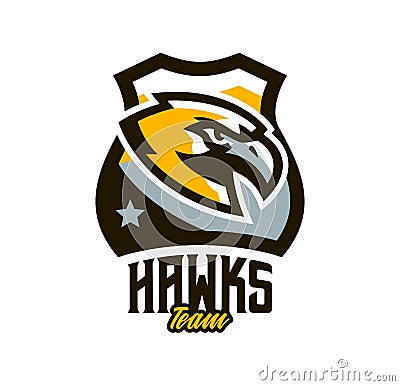 Colorful logo, sticker, emblem of a hawk. Flying bird, hunter, predator, dangerous animal, shield, lettering. Mascot Vector Illustration