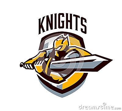 A colorful logo, a sticker, an emblem, a knight is attacking with a sword. Gold armor of the knight, paladin, swordsman Vector Illustration