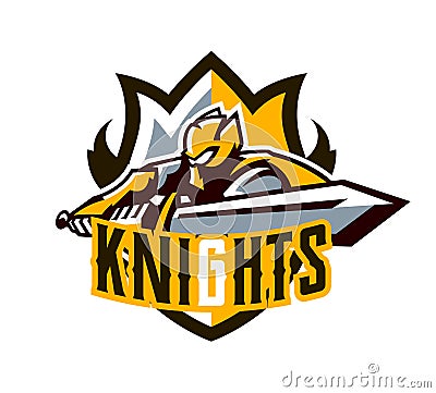 A colorful logo, a sticker, an emblem, a knight is attacking with a sword. Gold armor of the knight, paladin, swordsman Vector Illustration