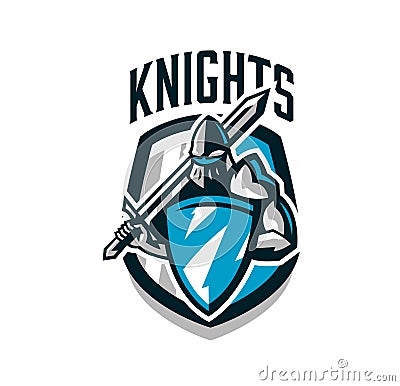 Colorful logo, sticker, emblem of the knight in iron armor. Knight of the Middle Ages, shield, warrior, swordsman Vector Illustration