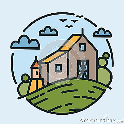 Colorful logotype with beautiful rural scenery and agricultural building standing on hill in modern line art style Vector Illustration