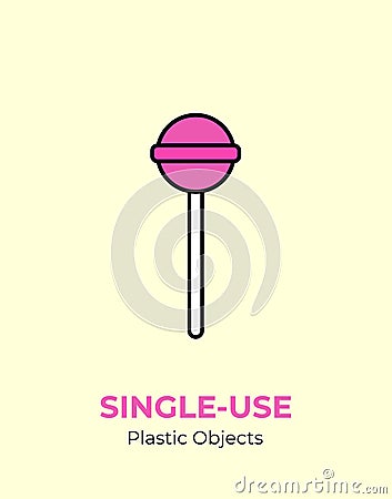 Colorful lollipop with single-use plastic stick. Vector illustration of recycling plastic item. Food plastic stick Vector Illustration