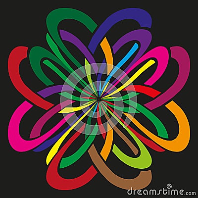 Colorful loop pattern. Twisted ribbon shape. Abstract vector flower. Black background art. Vector Illustration