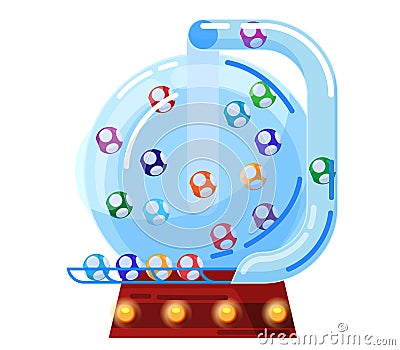 Colorful lottery balls inside a transparent lotto machine. Bingo game drawing, lucky numbers drawing concept vector Vector Illustration