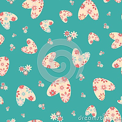 Colorful love heart vector seamless pattern in boho style. Aqua blue pink retro floral hearts and flowers backdrop Vector Illustration