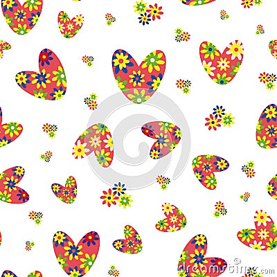 Colorful love heart vector seamless pattern in boho style. Bright floral hearts and flowers on white backdrop. Scattered Stock Photo