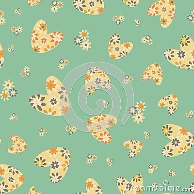 Colorful love heart vector seamless pattern in boho style. Pastel green yellow retro floral hearts and flowers backdrop Vector Illustration