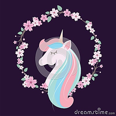 Colorful lovely unicorn with floral wreath Vector Illustration