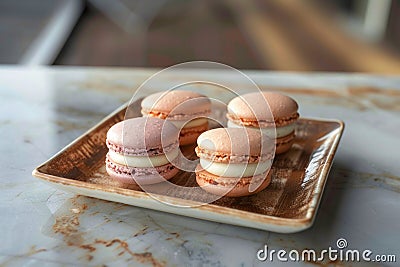 Colorful macaron cookies displayed on square plate stand attractively Stock Photo