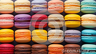 Colorful macarons cake, top view flat lay, minimalist macaroon pattern, food background. Stock Photo