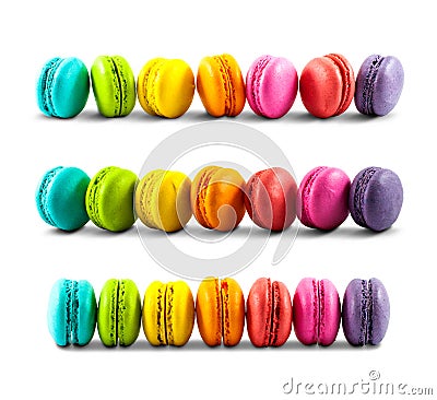 Colorful macarons collection on white background, side view Stock Photo