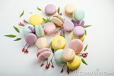 Colorful macarons with leaves and red flowers on a white background. French delicate dessert Stock Photo