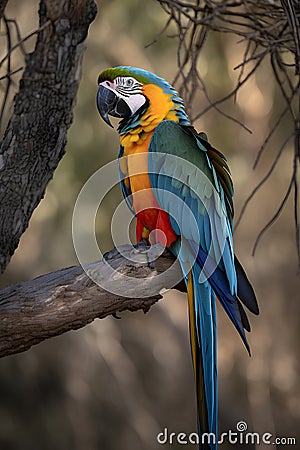 Colorful macaw parrot sitting on a branch in the wild Stock Photo