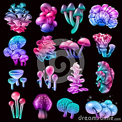 Colorful Magic Mushrooms Collection Vector Illustration