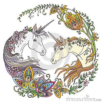 Colorful magic unicorns with flowers vector illustration Vector Illustration