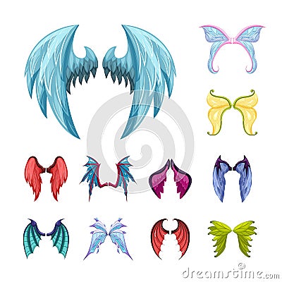 Colorful magic wings set. Graceful fairy wing mythical creatures with colored feathers and scales symbols of ancient Vector Illustration