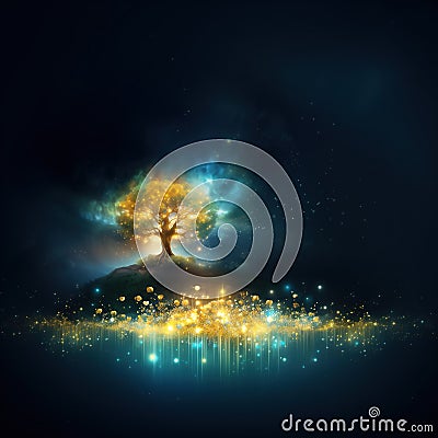 Colorful magical tree growing on a little island, with a sparkling energy wave in the background. Spirit tree. Generative AI Stock Photo