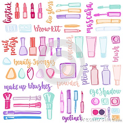 Colorful makeup cosmetic pattern with lettering. Vector Illustration