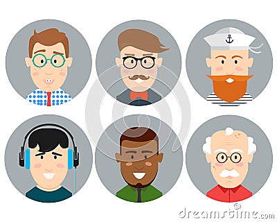 Colorful Male Faces Circle Icons Set in Trendy Flat Style Vector Illustration