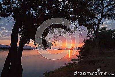 Colorful Mana Pools sunrise view on the Zambezi River Stock Photo