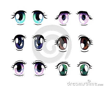 Colorful Manga or Anime Style Eyes with Black Eyelashes Vector Set Vector Illustration