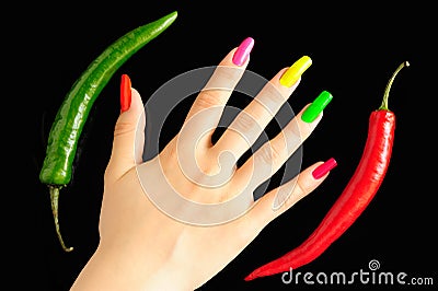 Colorful manicure with chili pepper Stock Photo