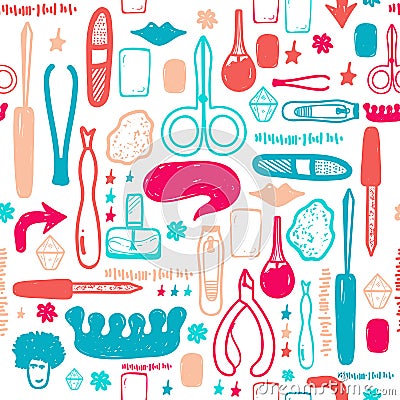 Colorful Manicure tools hand drawn vector seamless pattern with lettering and hand drawn make up items Vector Illustration