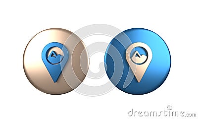 Colorful Map pointer with mountain icon isolated on white background. Mountains travel icon. Circle button. 3D render Cartoon Illustration