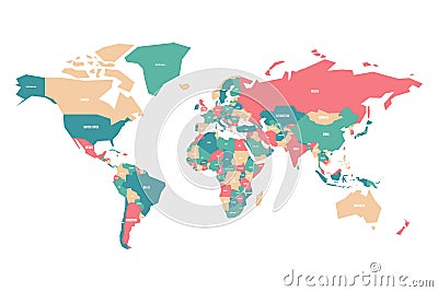 Colorful map of World. Simplified vector map with country name labels Vector Illustration