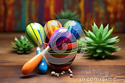 colorful maracas on a rustic wooden table, with a succulent cactus in the background Stock Photo