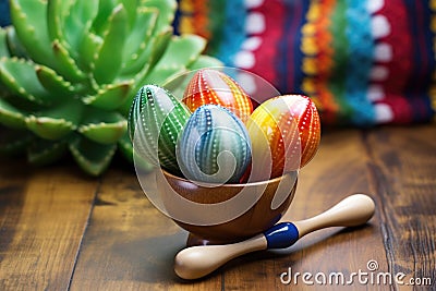 colorful maracas on a rustic wooden table, with a succulent cactus in the background Stock Photo