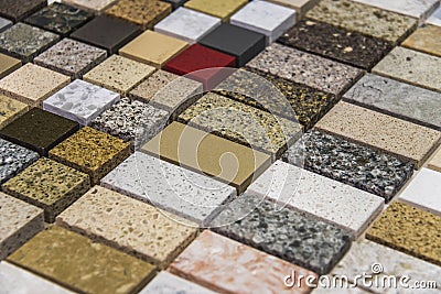 Colorful marble and granite kitchen worktops Stock Photo