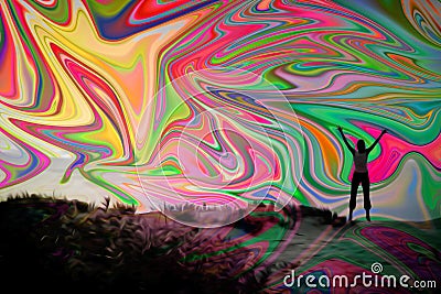 woman jumping for joy on sand dune with psychedelic sunset effect Stock Photo