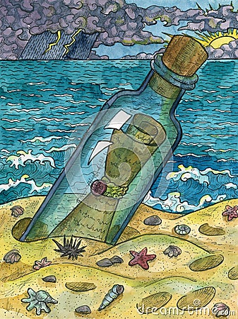 Colorful Marine Fantasy illustration of glass bottle with message on the seashore. Nautical vintage drawings, t-shirt and tattoo Cartoon Illustration