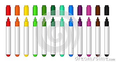 Colorful marker pen for school or kids. Realistic highlighter pencil of yellow, black, green, blue, orange color for drawing. Vector Illustration