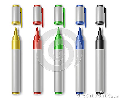 Colorful marker pens set realistic. Children and artist pencils 3d isolated cliparts pack Vector Illustration