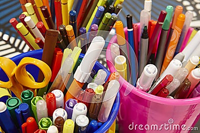 Colorful markers with color pencils and scissors. School material. Horizontal Stock Photo
