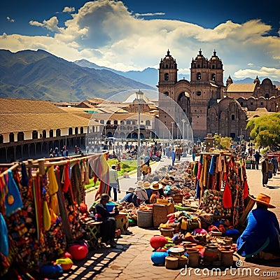 Colorful marketplace in Cusco with backpackers and Machu Picchu backdrop Stock Photo