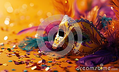 a colorful mask sits on an orange background Stock Photo