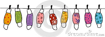 The colorful masks with fanny pattern are hanging on a line. Reusable Washable masks. Vector Illustration